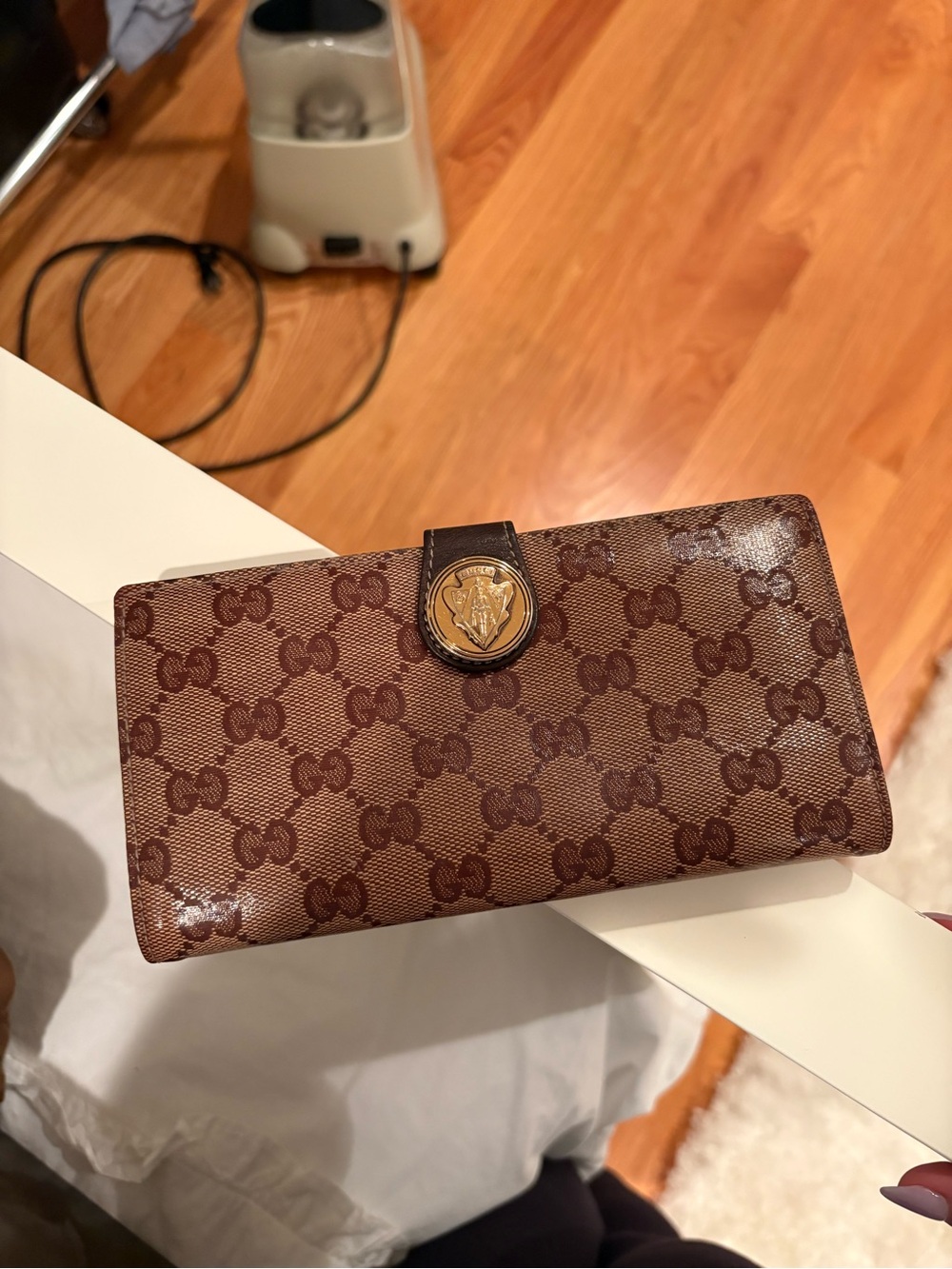 Gucci Brown GG Monogram Continental Wallet with Gold Crest Snap